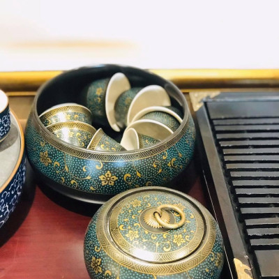 Bộ ấm chén pha trà đạo phong cách Nhật họa tiết hoa thổ cẩm  - vd178