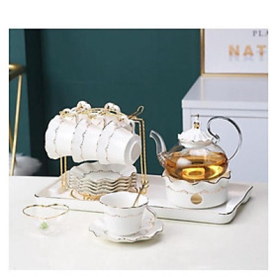 BỘ ẤM CHÉN KÈM KHAY SỨ PHA TRÀ HOA SỨ XƯƠNG CAO CẤP MÀU TRẮNG CÔNG CHÚA VIỀN VÀNG CÓ ĐẾ ĐUN NẾN