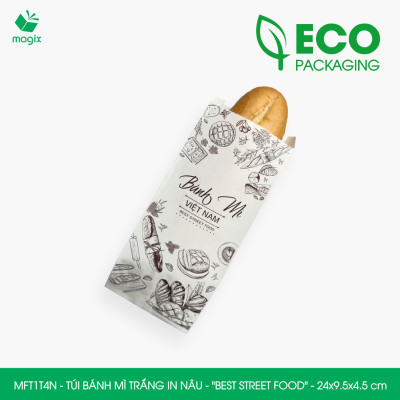 MFT1T4N - 24x9.5x4.5 cm - 500 Túi bánh mì Trắng, in sẵn họa tiết BEST STREET FOOD - Bao bánh mì Túi giấy thực phẩm an toàn