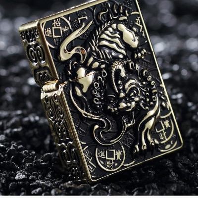 Vỏ Hột Quẹt Bật Lửa Đẹp Độc Lạ Zorro Z-KJ1003D Màu Vàng Cổ Họa Tiết Kì Lân 3D Nổi - dùng xăng bấc đá cao cấp