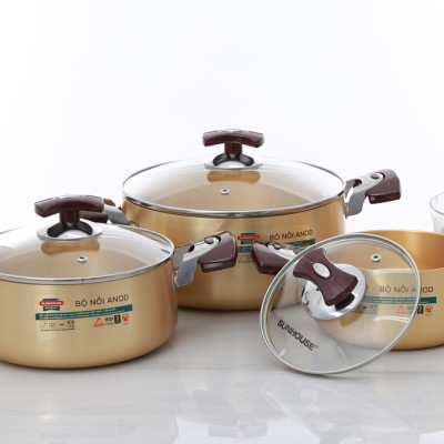 Bộ 3 nồi nhôm anod nắp kính Sunhouse SH6634 - Hàng chính hãng