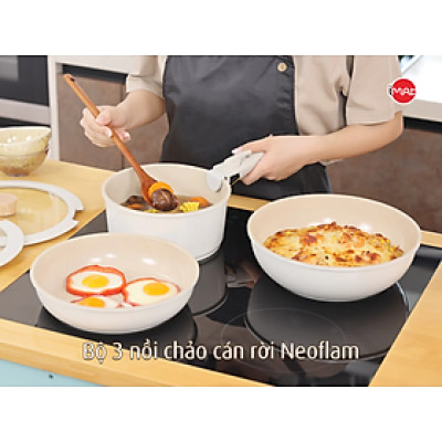 Bộ 3 nồi chảo cán rời Neoflam Hàn Quốc.Bao gồm, nồi 20cm, chảo chiên 24cm, chảo xào đa năng 26cm.