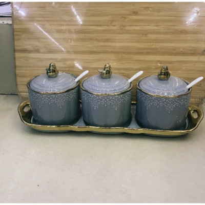 BỘ 3 HŨ ĐỰNG GIA VỊ SỨ HOA VĂN SẦN NỔI SANG TRỌNG