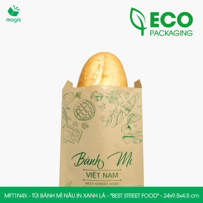 MFT1N4X - 24x9.5x4.5 cm - 1000 Túi bánh mì Nâu, in sẵn họa tiết BEST STREET FOOD - Bao bánh mì Túi giấy thực phẩm an toàn