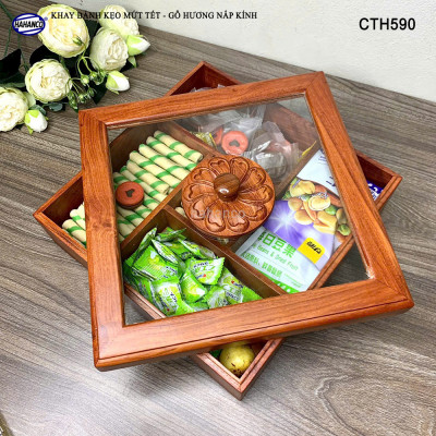 Khay Bánh Kẹo Mứt Tết Gỗ Hương Nắp Kính Vuông Trong Suốt Thiết Kế Trang Trọng - CTH590
