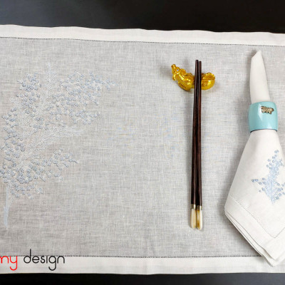 Bộ lót đĩa và khăn ăn linen thêu hoa mimosa