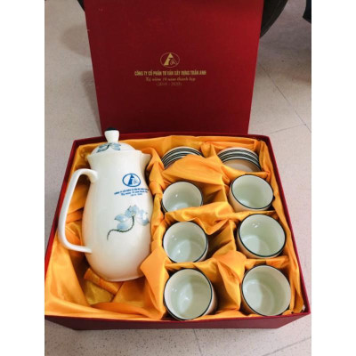 Bộ bình nước ly/cốc sứ Bát Tràng họa tiết hoa sen/đào