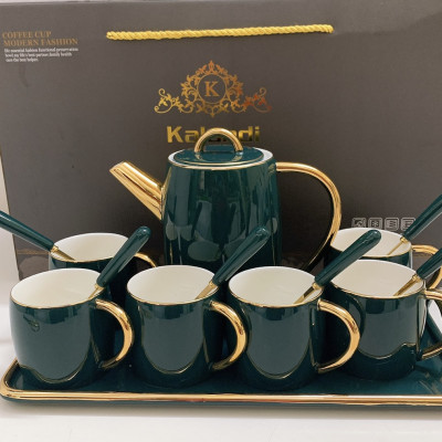Combo Bộ bình trà cà phê sứ sương Kaandi cao cấp kèm 6 thìa cán sứ cùng màu phong cách Châu âu sang trọng màu xanh cổ vịt - ANTH477