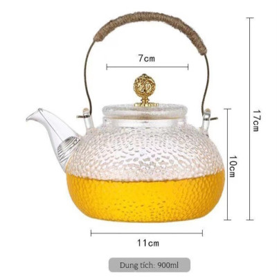 Bình trà thủy tinh Borosilicate vân nhám tay cầm kim loại - Phân loại gồm 700ML lõi lọc lò xo và 900ML lõi lọc thủy tinh