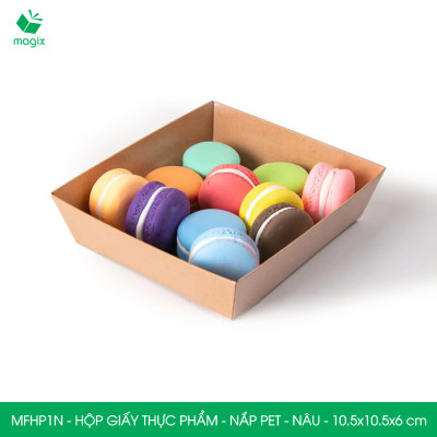 MFHP1N - 10.5x10.5x6 cm - 25 hộp giấy kraft thực phẩm màu nâu nắp Pet, hộp giấy vuông đựng thức ăn, hộp bánh nắp trong