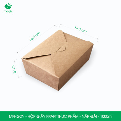 MFHG2N - 25 hộp giấy kraft thực phẩm 1000ml, hộp giấy nắp gập màu nâu đựng thức ăn, hộp giấy nắp gài gói đồ ăn mang đi 