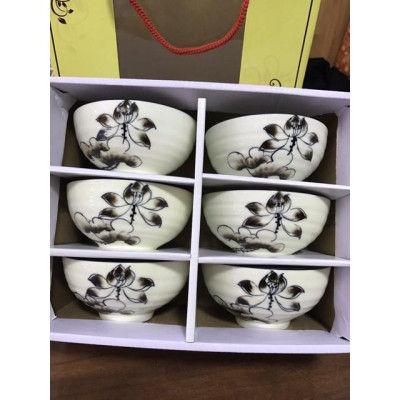 Bộ bát cơm hoa sen đen vẽ tay gốm sứ Gia Hưng Bát Tràng