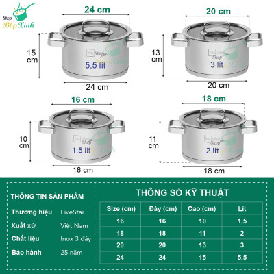 Nồi inox 304 Fivestar 3 đáy bếp từ nắp kính (16cm ), tặng 5 muỗng ăn
