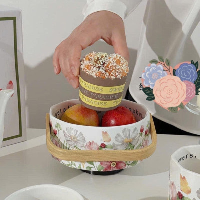 Bộ Sứ Cao Cấp Hoa Mùa Xuân Vintage (bộ gồm: Tách trà, đĩa lót tách trà + giỏ sứ + cốc sứ + ấm trà sứ) Hàng chính hãng