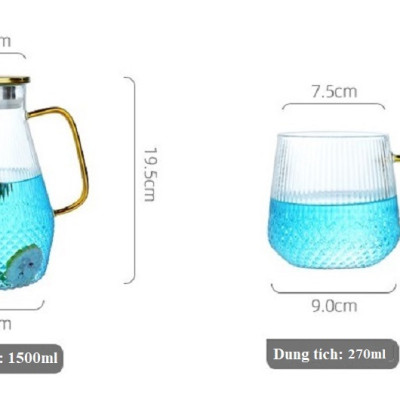 Bình Nước Thủy Tinh Trong Suốt Hình Dạng Kim Cương 1500ml Nắp INOX, Ly 270ml