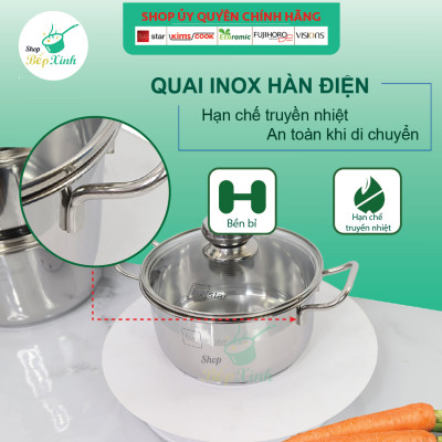 Bộ nồi inox Fivestar 4 chiếc nắp kính 3 đáy, inox 430 ( tặng 2 vá canh ), dùng được bếp từ , gas, hồng ngoại