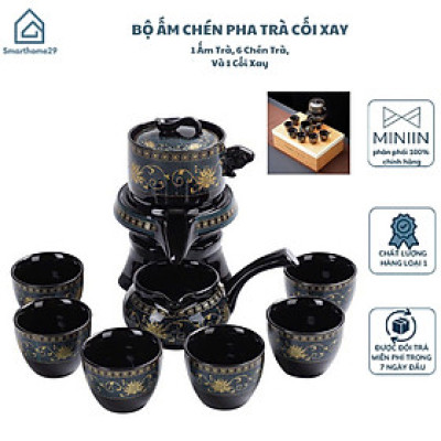Bộ Ấm Chén Pha Trà Tử Sa Cao Cấp - Xanh Đen Vàng - 1 Ấm Trà, 6 Chén Trà, Cối Xay Kèm Hộp Quà Tặng Sang Trọng - HÀNG CHÍNH HÃNG MINIIN