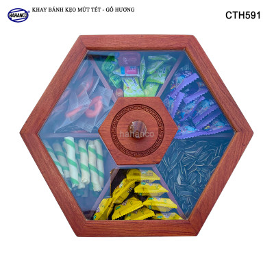 Khay Đựng Mứt Tết Bằng Gỗ Hương Nắp Kính Lục Giác Trong Suốt Sang Trọng - CTH591