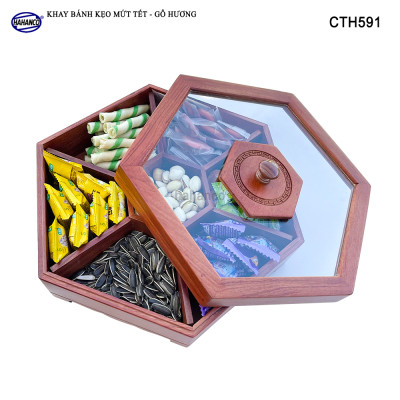 Khay Đựng Mứt Tết Bằng Gỗ Hương Nắp Kính Lục Giác Trong Suốt Sang Trọng - CTH591