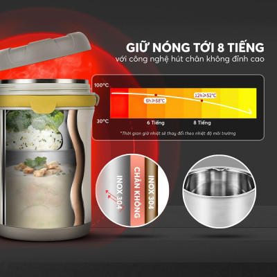 Bình đựng thức ăn giữ nhiệt inox 304 Elmich EL8310 1.2L, Hàng chính hãng, quai xách silicone,nắp có thể tháo rời-JoyMall