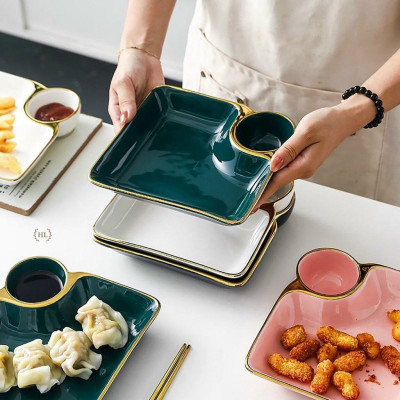 Đĩa sứ phong cách Nhật - hình vuông có ô đựng chấm sốt cực xinh