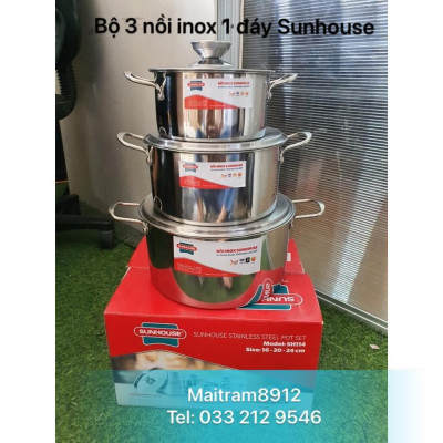 BỘ 3 NỒI INOX 1 ĐÁY SUNHOUSE SH224 - DÙNG ĐƯỢC MỌI LOẠI BẾP, KỂ CẢ BÊP ĐIỆN TỪ.