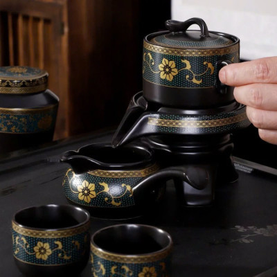 Bộ Ấm Chén Pha Trà Tử Sa Cao Cấp - Xanh Đen Vàng - 1 Ấm Trà, 6 Chén Trà, Cối Xay Kèm Hộp Quà Tặng Sang Trọng - HÀNG CHÍNH HÃNG MINIIN