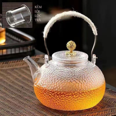 Bình trà thủy tinh Borosilicate vân nhám tay cầm kim loại - Phân loại gồm 700ML lõi lọc lò xo và 900ML lõi lọc thủy tinh