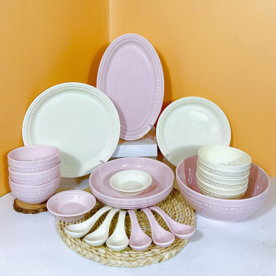 Bộ Bát Đĩa Chén Dĩa Cao Cấp Phong Cách Châu Âu Trắng mix Tím Men Dày Dặn Sáng