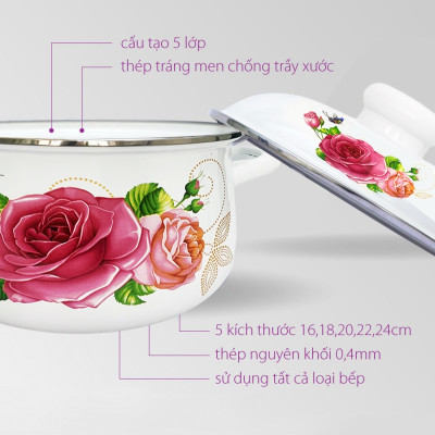 Galen - Nồi Men Cao Cấp Size 20cm Dung Tích 2.5L Nấu Được Trên Mọi Loại Bếp, Dày, Không Tróc Men