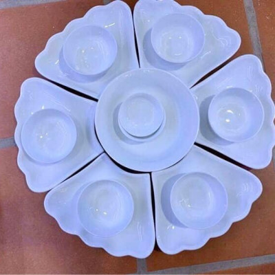 BỘ BÁT ĐĨA HOA MẶT TRỜI TRẮNG TÔ TRÒN BÁT TRÀNG