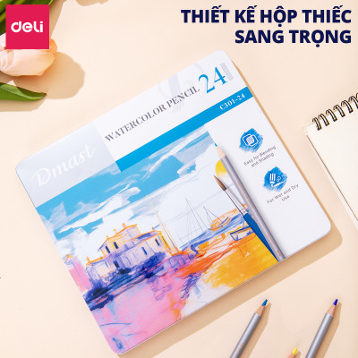 [Tặng Cọ] Bút Chì Màu Gốc Nước Dmast Cao Cấp Deli - Chì Màu Hộp Thiếc 24/36/48/72 Màu - Tô Vẽ Tranh Chuyên Nghiệp