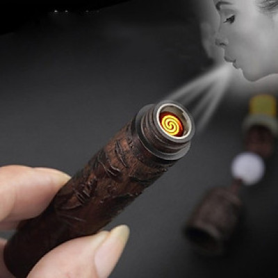 Hộp Quẹt Điện Thổi Chiết Hỏa Từ Kiểu Phim Kiếm Hiệp Độc Đáo Chạm Khắc Tinh Xảo, Bật Lửa Thổi Chiết Hỏa Tử Gỗ Đàn Hương Kèm Cáp Sạc