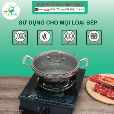 Chảo tổ ong chống dính 2 quai 3 lớp đáy liền inox 304  FiveStar 24cm / 26cm /28cm  , tặng 1 sạn inox