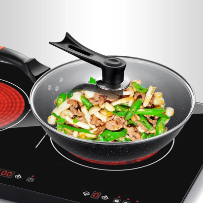  Chảo Chống Dính Sâu Lòng, Chảo Vân Đá Có Nắp Kính, Dùng Được Các Loại Bếp Tặng Kèm Muỗi Gỗ