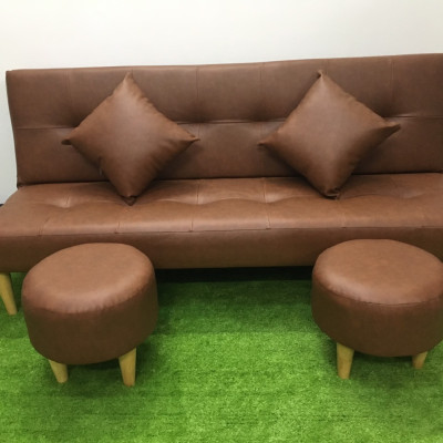 Sofa bed, sofa giường màu nâu và 2 đôn tròn SB16