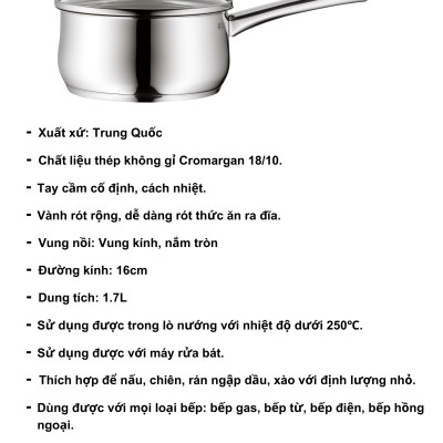 Quánh WMF DIADEM PLUS SAUCEPAN 16CM WITH LID 1,7L Đáy Từ 3 Lớp Nguyên Khối Có Nắp Dùng Cho Mọi Loại Bếp - 0739176040