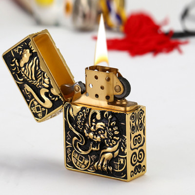 Vỏ Hột Quẹt Bật Lửa Đẹp Độc Lạ Zorro Z-KJ1003D Màu Vàng Cổ Họa Tiết Kì Lân 3D Nổi - dùng xăng bấc đá cao cấp