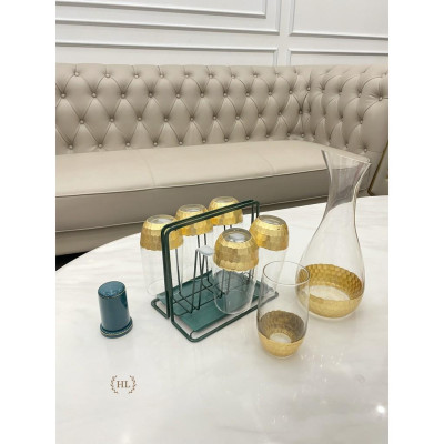 Bộ bình cốc thủy tinh mạ vàng phong cách Scandinavia | Bộ bình cốc thủy tinh chịu nhiệt borosilicate vân tổ ong