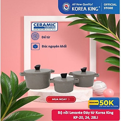 Bộ nồi nâu Levante đáy từ (Nồi, nắp bằng nhôm đúc, phủ men chống dính Ceramic, Ø20cm, 24cm,28cm)