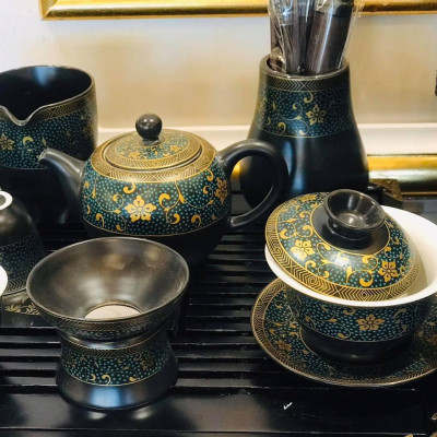Bộ ấm chén pha trà đạo phong cách Nhật họa tiết hoa thổ cẩm  - vd178