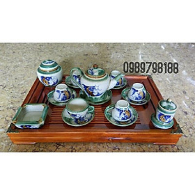 Bộ ấm chén vẽ cá đủ phụ kiện kèm khay gỗ 