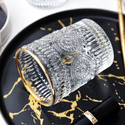 BỘ 6 CỐC THỦY TINH UỐNG NƯỚC VIỀN VÀNG HOA VĂN TRÒN NỔI - ANTH481