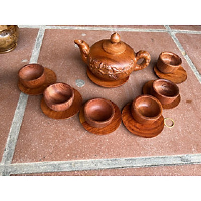 BỘ ẤM CHÉN PHA TRÀ BẰNG GỖ HƯƠNG ĐÁ LIỀN KHỐI 