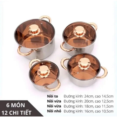 Bộ Nồi Đức 6 món 12 Chi Tiết Cao Cấp 5 Đáy Siêu Dày Bền Cho Gia Đình Nội Trợ Dùng Cho Mọi Loại Bếp Điện, Bếp Từ, Bếp Ga