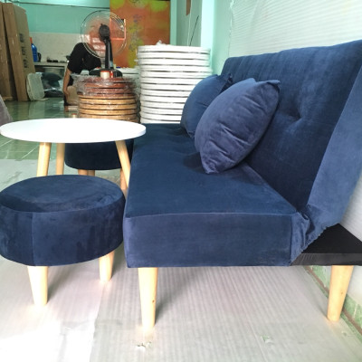 Bộ set sofa bed xanh dương đậm nhung Gvs2DvsB XDDN, sofa giường phòng khách