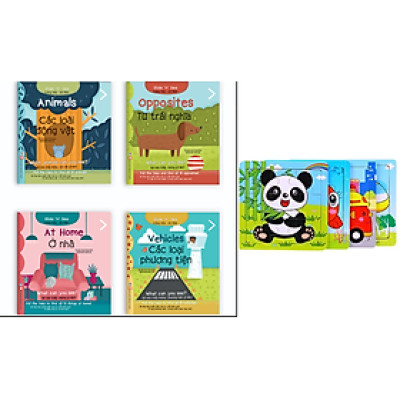 Combo: (Bộ 4 Cuốn): Cùng Kéo Và Nhìn (Sách Song Ngữ Có Tương Tác): Ở Nhà + Các Phương Tiện + Từ Trái Nghĩa + Các Loại Động Vật. Tặng tranh ghép hình cho bé