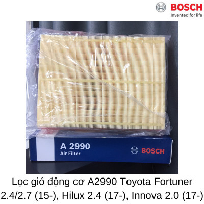 Lọc Gió Động Cơ BOSCH A2990 cho xe Toyota Fortuner 2.4/2.7 (15-), Hilux 2.4 (17-), Innova 2.0 (17-), Made in China