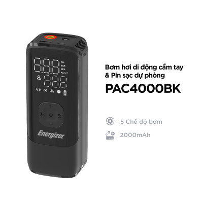 Bơm hơi di động cầm tay kiêm pin sạc dự phòng Energizer, bơm lốp xe ôtô/xe máy/xe đạp, banh/bóng, phao - Hàng chính hãng