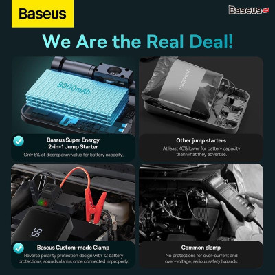 Bơm Lốp Đa Năng Kiêm Kích Bình Ô Tô Baseus Super Energy 2-in-1 Jump Starter Sạc Pin Cầm Tay 8000mAh - Hàng chính hãng
